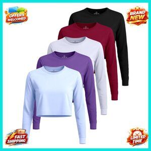 Dry-Fit Long Sleeve Crop Top 5-Pack, Athletic Workout Shirt, Plus Size Available